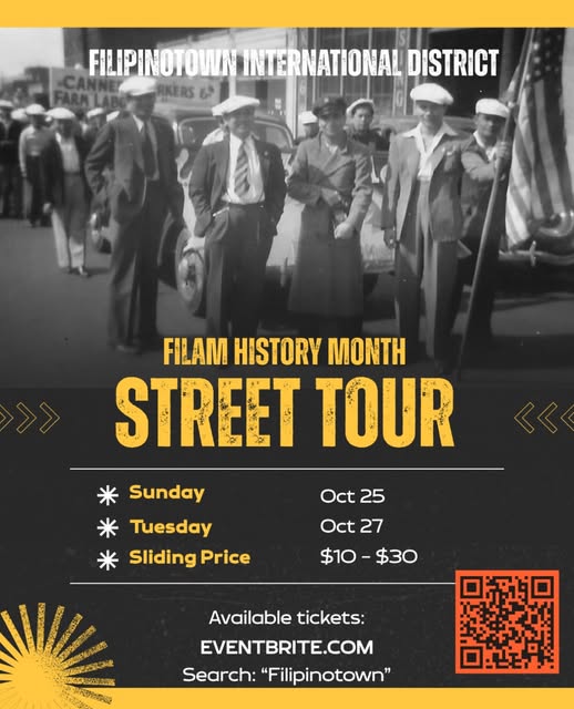 Flyer for Filipinotown International District FilAm History Month Street Tour at Hood Famous Cafe