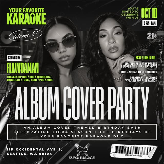 Flyer for YOUR FAVORITE KARAOKE: VOLUME 01 — ALBUM COVER PARTY + LIBRA BIRTHDAY BASH at Suya Palace