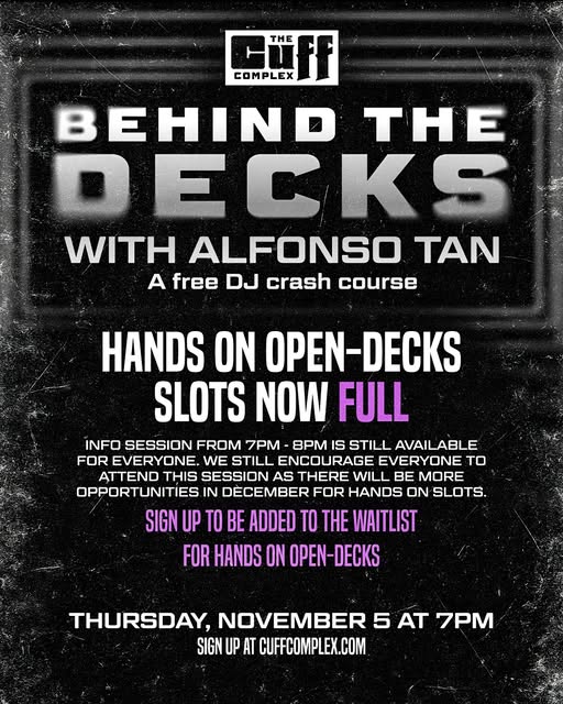 Flyer for Behind the Decks with Alfonso Tan at The Cuff Complex