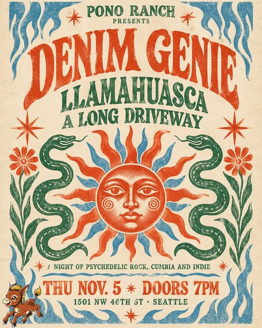 Flyer for Psych Rock local rippers meet Psych Cumbia at Pono Ranch